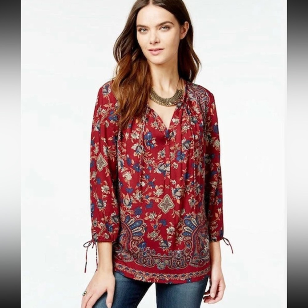 Lucky Brand Floral Paisley Top S Small 3/4 Sleeve Blouse V Neck Half Button Boho